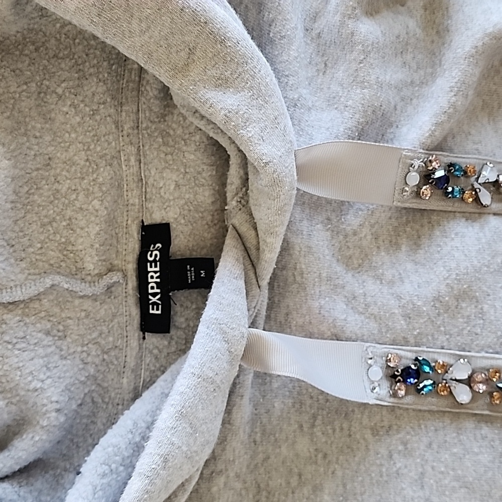 EXPRESS GRAY EMBELLISHED DRAWSTRING HOODED SWEATSHIRT HOODIE - Picture 6 of 6